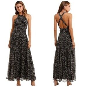 Magali Pascal Augustine Maxi Dress‎ Size Small Black Floral Lurex Halter Tiered